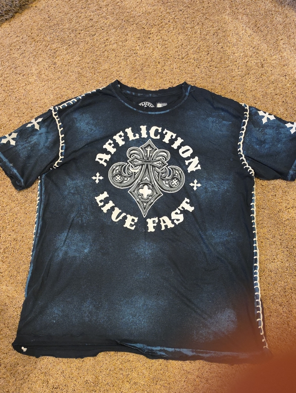 Affliction Live Fast Fleur De Lis Graphic T-Shirt Black & Blue 2XL